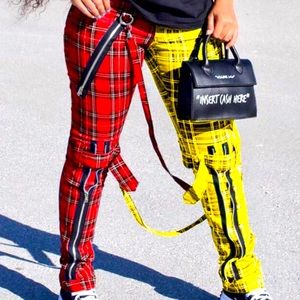 Lovely casual plaid print patchwork red pants ❤️